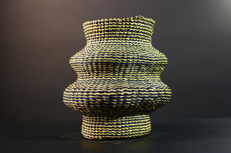 Woven Raffia Storage Basket Boho Home Décor Yellow & Navy Handcrafted Tribal Art Accent Piece Small Organizer Gift for Living Room G5707