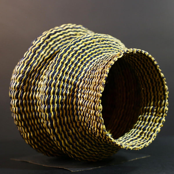 Woven Raffia Storage Basket Boho Home Décor Yellow & Navy Handcrafted Tribal Art Accent Piece Small Organizer Gift for Living Room G5707
