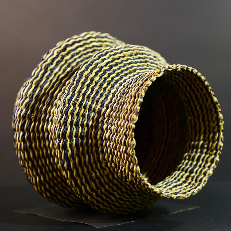 Woven Raffia Storage Basket Boho Home Décor Yellow & Navy Handcrafted Tribal Art Accent Piece Small Organizer Gift for Living Room G5707