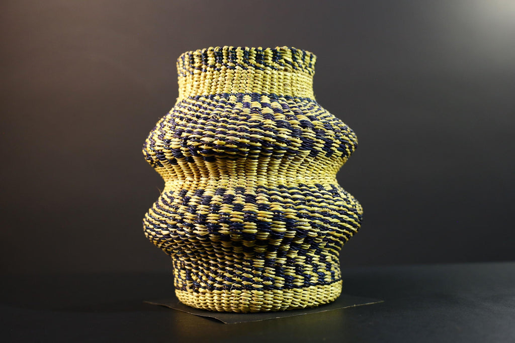 Woven Raffia Storage Basket Boho Home Décor Yellow & Navy Handcrafted Tribal Art Accent Organizer Gift for Living Room Shelf Decor G5708