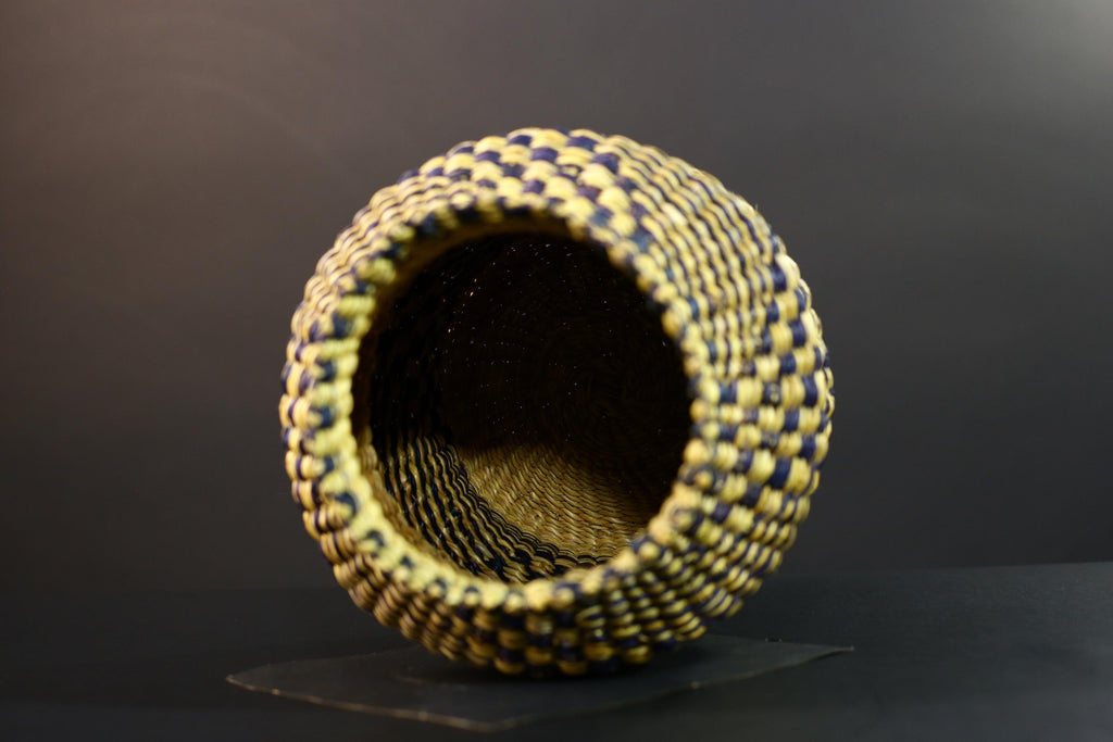 Woven Raffia Storage Basket Boho Home Décor Yellow & Navy Handcrafted Tribal Art Accent Organizer Gift for Living Room Shelf Decor G5708
