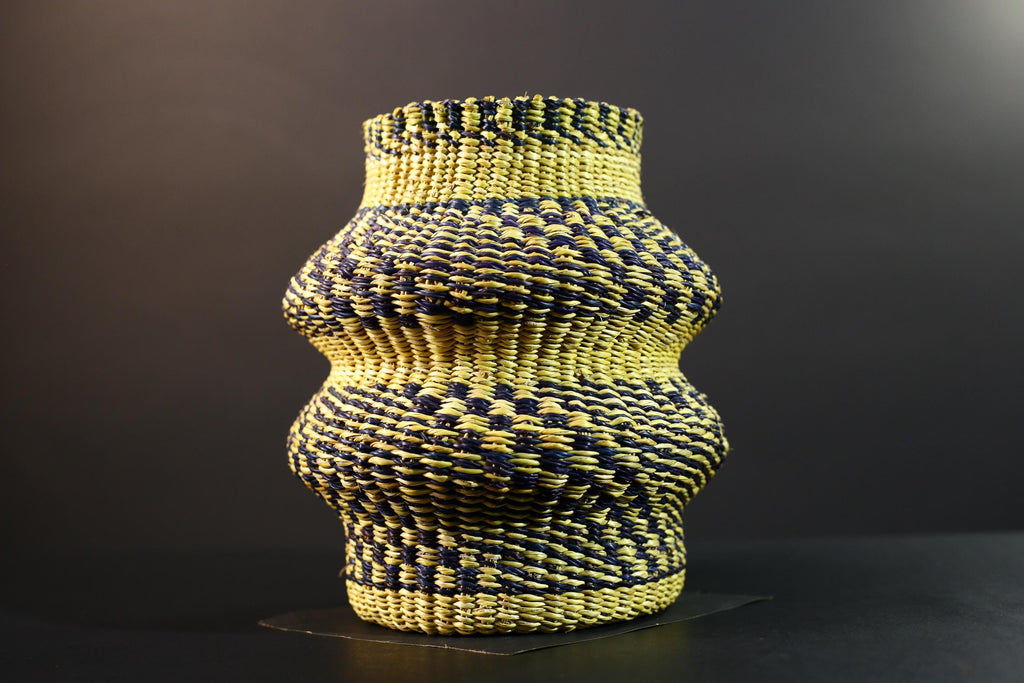 Woven Raffia Storage Basket Boho Home Décor Yellow & Navy Handcrafted Tribal Art Accent Organizer Gift for Living Room Shelf Decor G5708