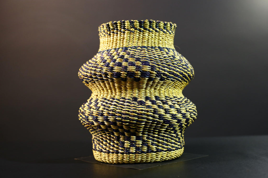 Woven Raffia Storage Basket Boho Home Décor Yellow & Navy Handcrafted Tribal Art Accent Organizer Gift for Living Room Shelf Decor G5708