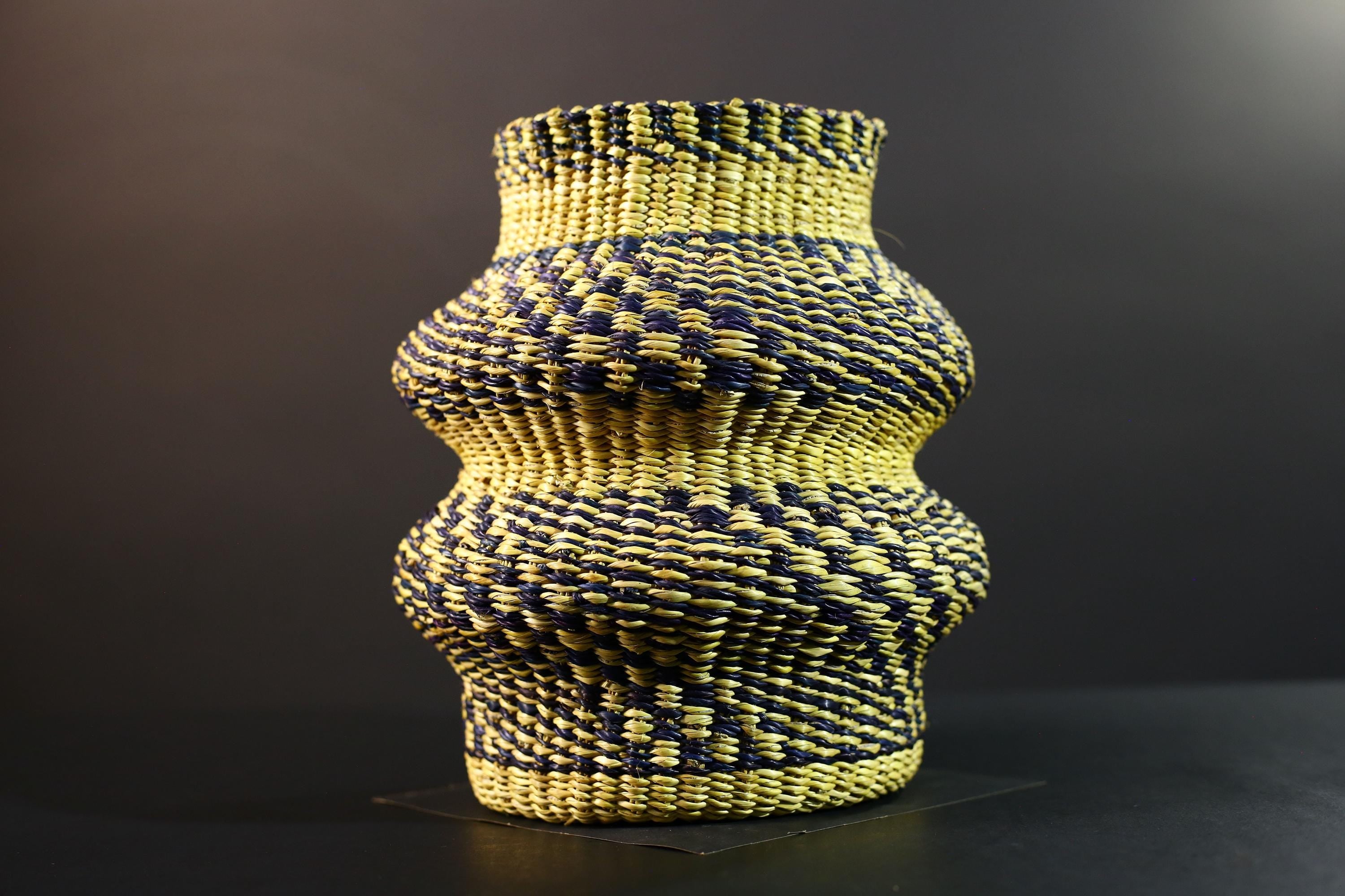 Woven Raffia Storage Basket Boho Home Décor Yellow & Navy Handcrafted Tribal Art Accent Organizer Gift for Living Room Shelf Decor G5708