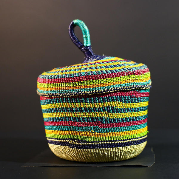 Handwoven Colorful Raffia Basket with Lid Boho Storage Decor Tribal Art Accent Organizer Gift for Living Room Shelf Tabletop Display G5710