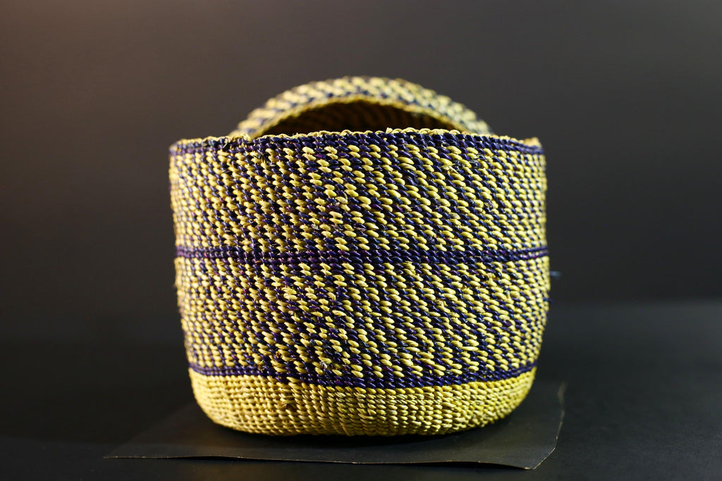Handwoven Yellow & Navy Raffia Storage Basket with Lid Boho Tribal Art Home Décor Organizer Gift for Shelf Accent Tabletop Display G5711
