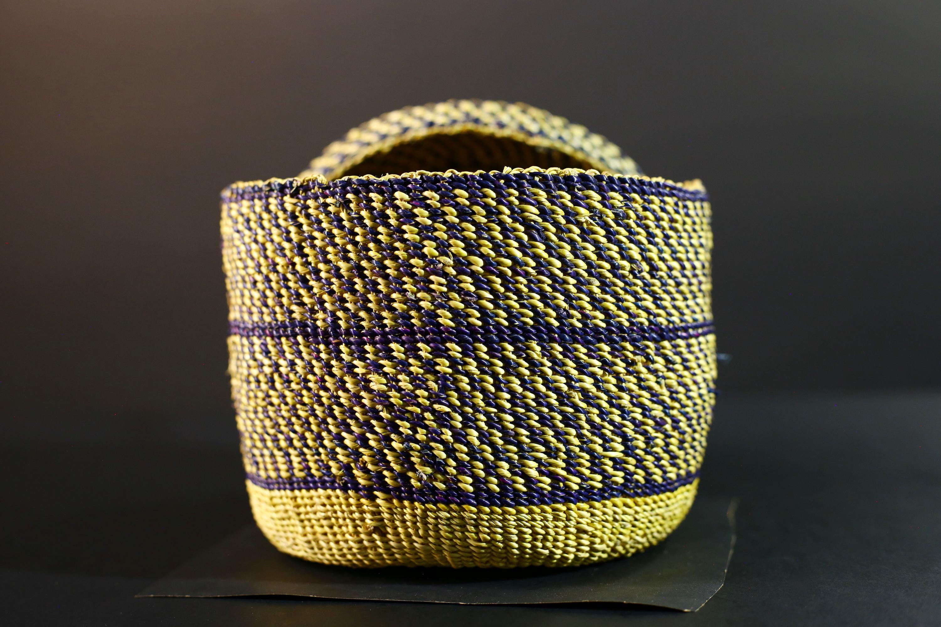 Handwoven Yellow & Navy Raffia Storage Basket with Lid Boho Tribal Art Home Décor Organizer Gift for Shelf Accent Tabletop Display G5711