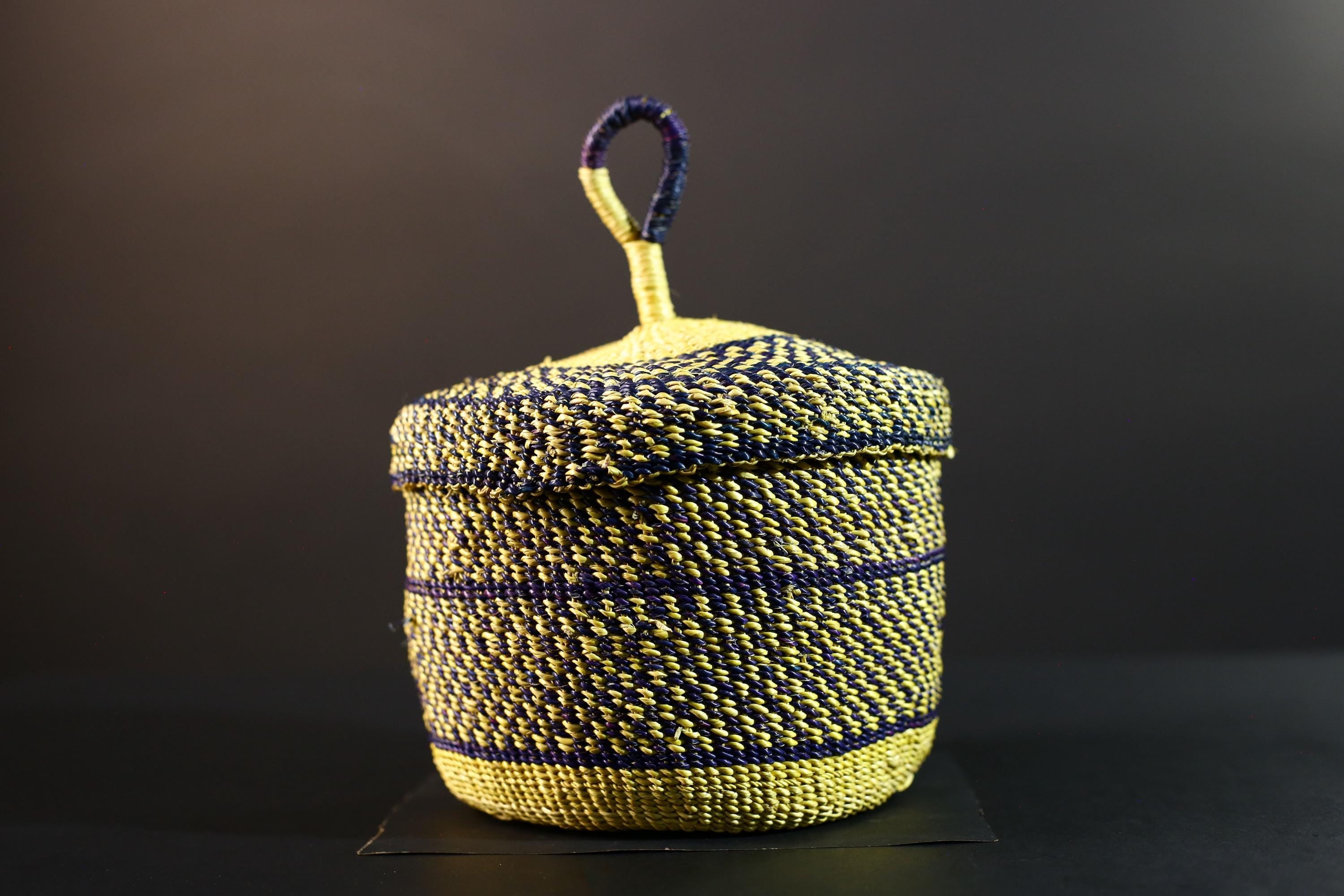 Handwoven Yellow & Navy Raffia Storage Basket with Lid Boho Tribal Art Home Décor Organizer Gift for Shelf Accent Tabletop Display G5711