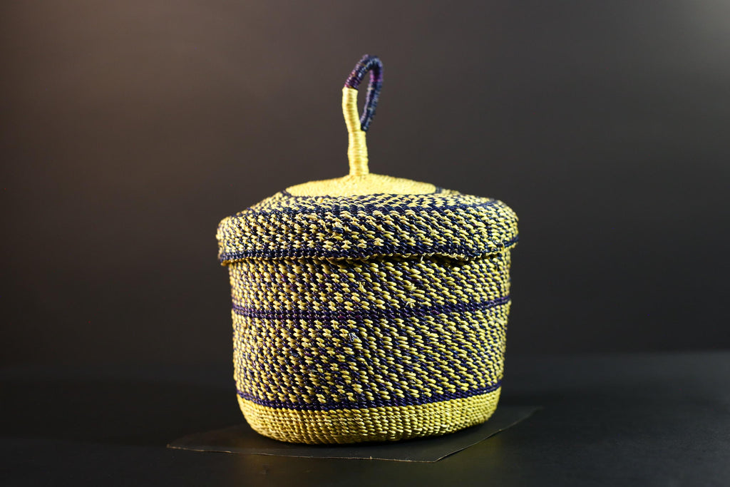 Handwoven Yellow & Navy Raffia Storage Basket with Lid Boho Tribal Art Home Décor Organizer Gift for Shelf Accent Tabletop Display G5711