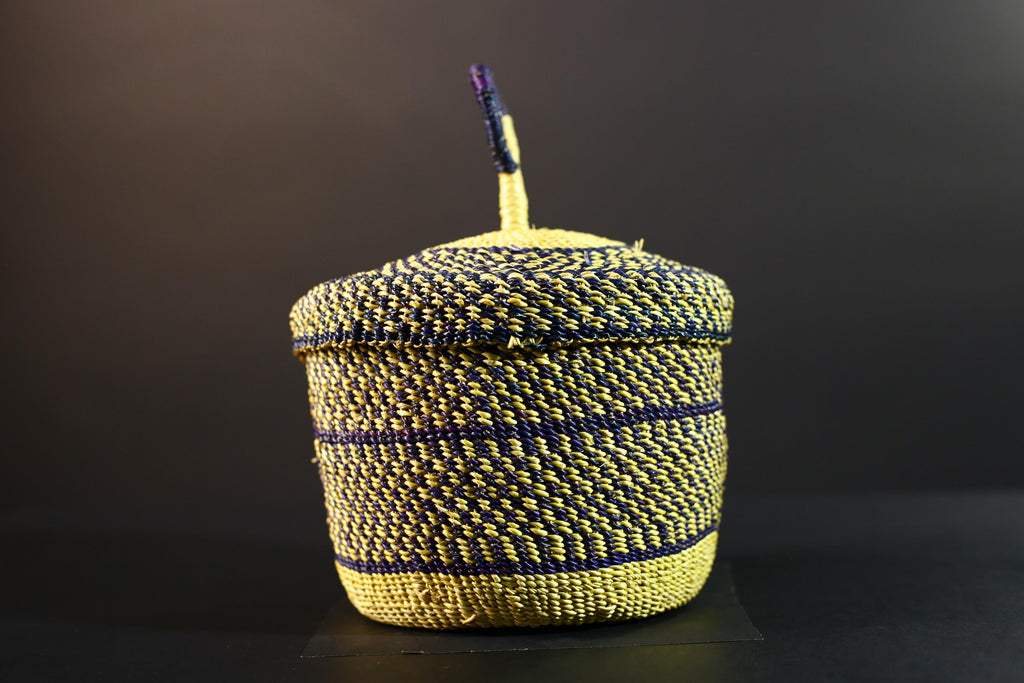 Handwoven Yellow & Navy Raffia Storage Basket with Lid Boho Tribal Art Home Décor Organizer Gift for Shelf Accent Tabletop Display G5711