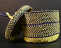 Handwoven Yellow & Navy Raffia Storage Basket with Lid Boho Tribal Art Home Décor Organizer Gift for Shelf Accent Tabletop Display G5711