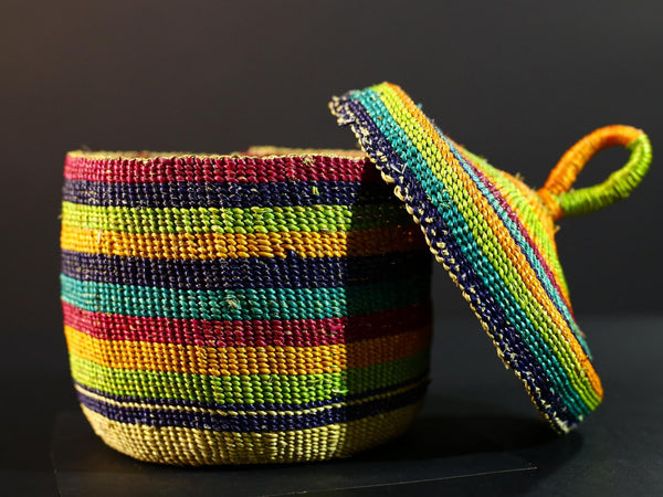Handwoven Raffia Basket with Lid Boho Storage Decor Multicolor Tribal Art Organizer Gift for Living Room Shelf or Tabletop Display G5712