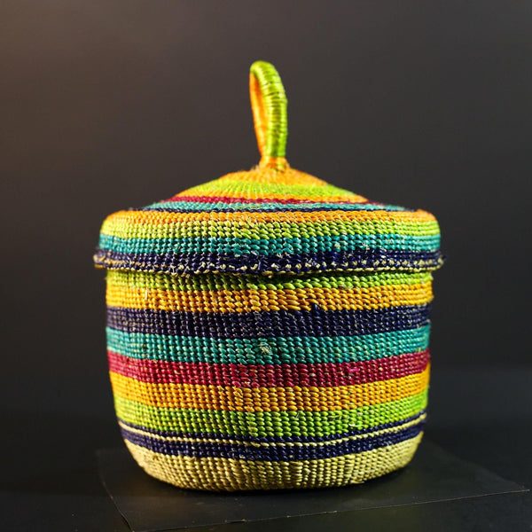 Handwoven Raffia Basket with Lid Boho Storage Decor Multicolor Tribal Art Organizer Gift for Living Room Shelf or Tabletop Display G5712