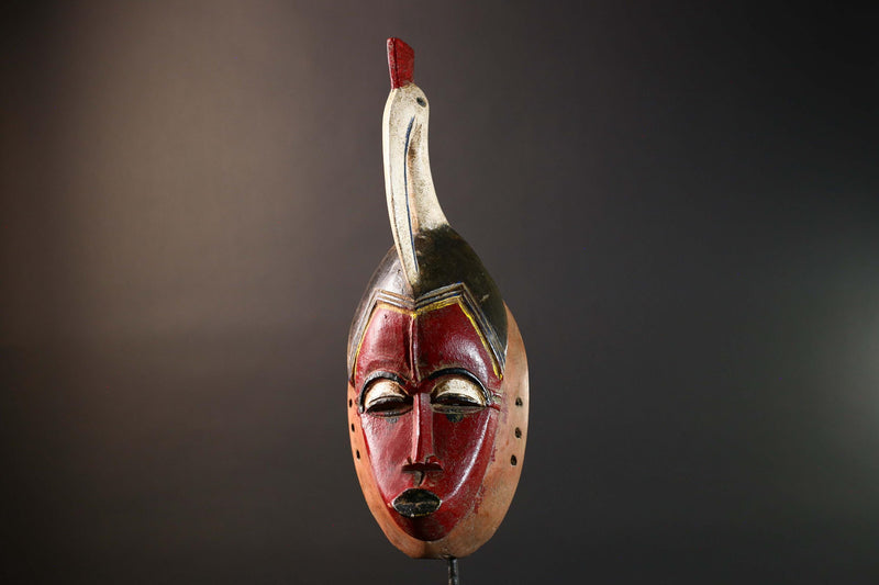 African Guro Mask with Bird Crest Hand Carved Tribal Wall Art Red Black Wood Face Decor Sculpture Côte d'Ivoire Vintage Statue-G5733