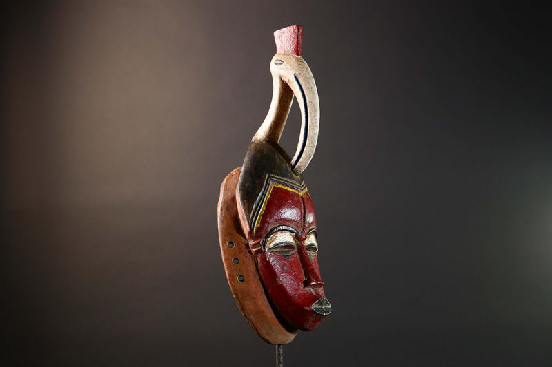 African Guro Mask with Bird Crest Hand Carved Tribal Wall Art Red Black Wood Face Decor Sculpture Côte d'Ivoire Vintage Statue-G5733
