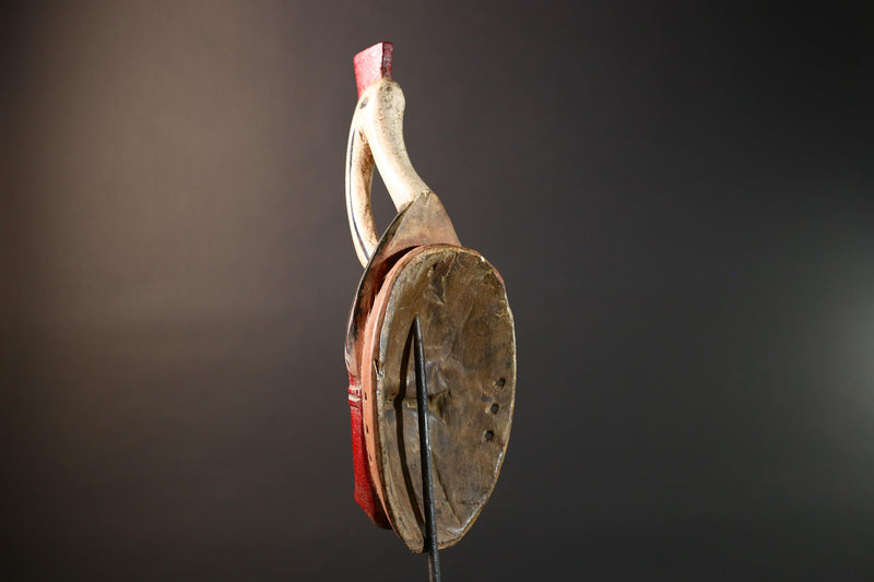 African Guro Mask with Bird Crest Hand Carved Tribal Wall Art Red Black Wood Face Decor Sculpture Côte d'Ivoire Vintage Statue-G5733
