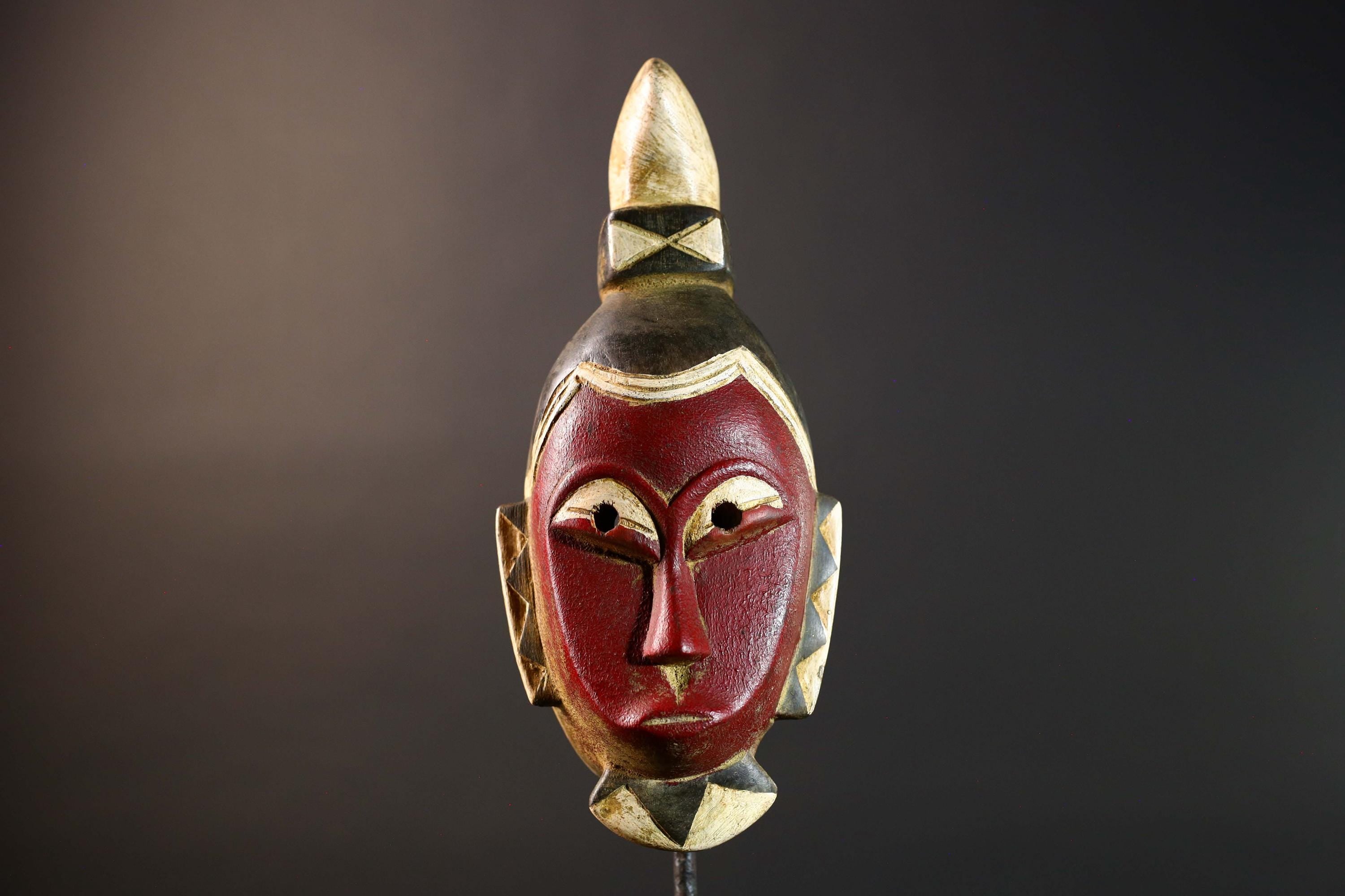 African Senufo Kpelie Mask Wood Carved Tribal Wall Decor Art Red Black Painted Hardwood Sculpture from Côte d'Ivoire Vintage Piece-G5734