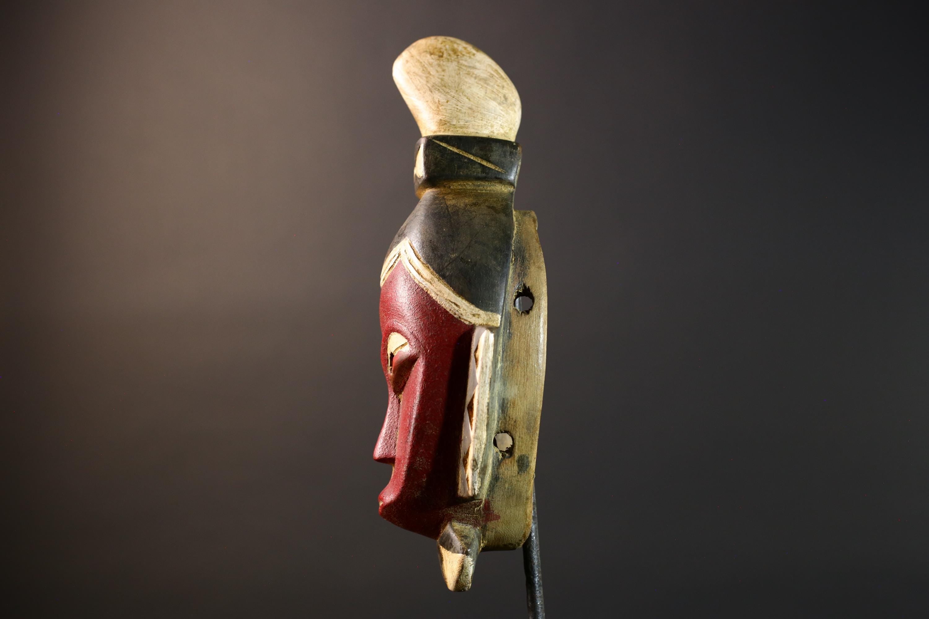 African Senufo Kpelie Mask Wood Carved Tribal Wall Decor Art Red Black Painted Hardwood Sculpture from Côte d'Ivoire Vintage Piece-G5734