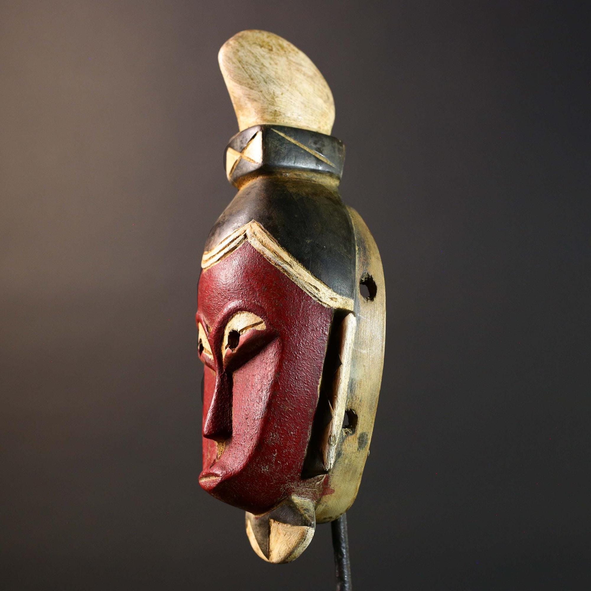 African Senufo Kpelie Mask Wood Carved Tribal Wall Decor Art Red Black Painted Hardwood Sculpture from Côte d'Ivoire Vintage Piece-G5734