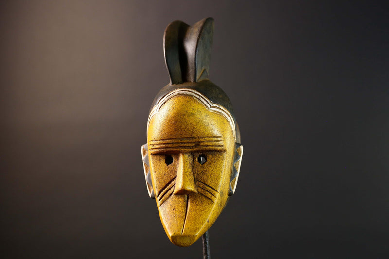African Guro Mask Wood Carved Tribal Wall Art Yellow Black Painted Hardwood Sculpture from Côte d'Ivoire Vintage Decor Art Piece-G5735