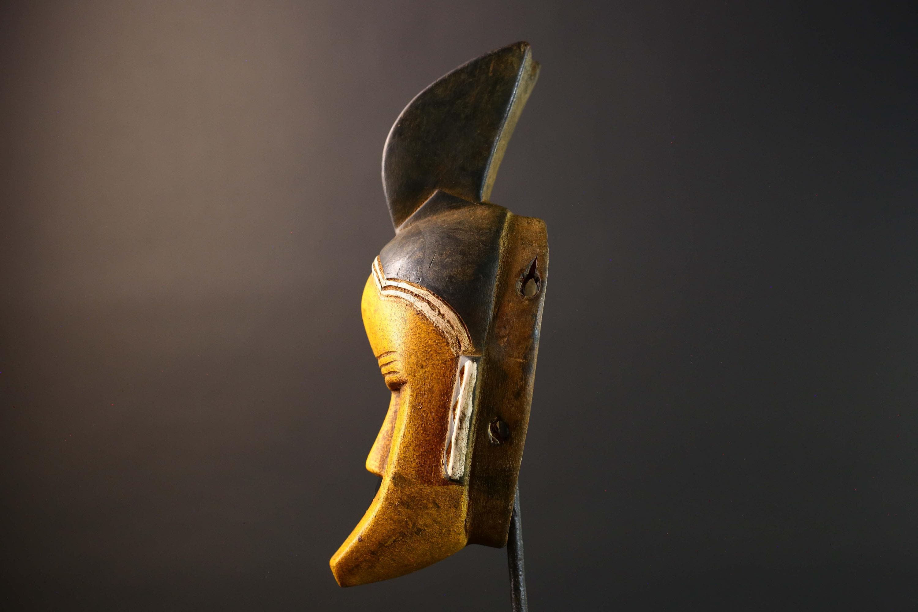 African Guro Mask Wood Carved Tribal Wall Art Yellow Black Painted Hardwood Sculpture from Côte d'Ivoire Vintage Decor Art Piece-G5735
