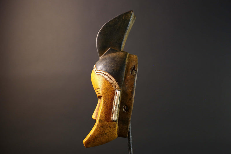 African Guro Mask Wood Carved Tribal Wall Art Yellow Black Painted Hardwood Sculpture from Côte d'Ivoire Vintage Decor Art Piece-G5735
