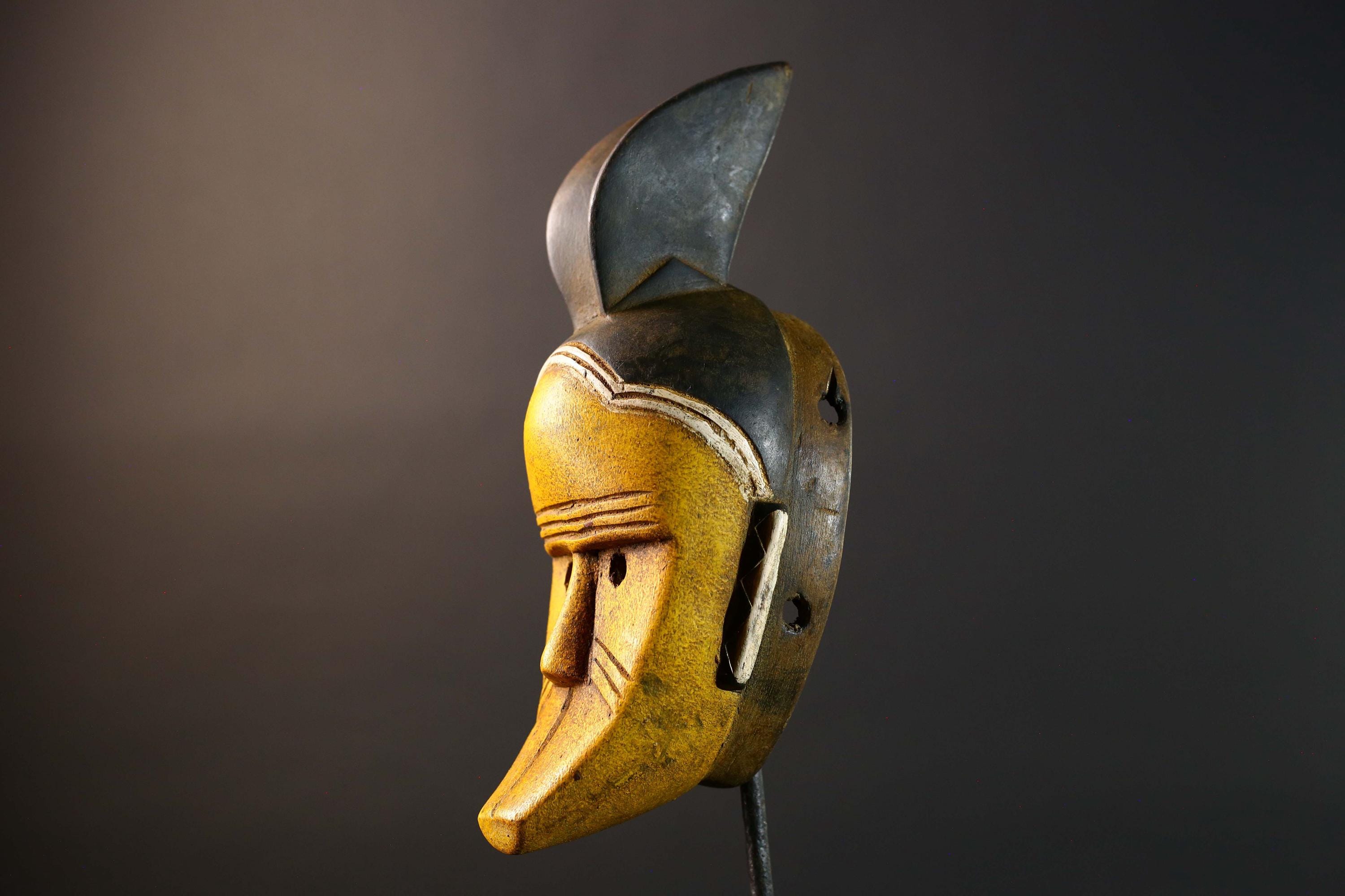 African Guro Mask Wood Carved Tribal Wall Art Yellow Black Painted Hardwood Sculpture from Côte d'Ivoire Vintage Decor Art Piece-G5735