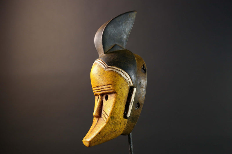 African Guro Mask Wood Carved Tribal Wall Art Yellow Black Painted Hardwood Sculpture from Côte d'Ivoire Vintage Decor Art Piece-G5735