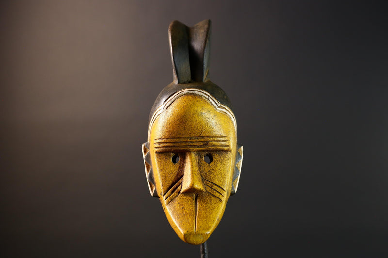 African Guro Mask Wood Carved Tribal Wall Art Yellow Black Painted Hardwood Sculpture from Côte d'Ivoire Vintage Decor Art Piece-G5735