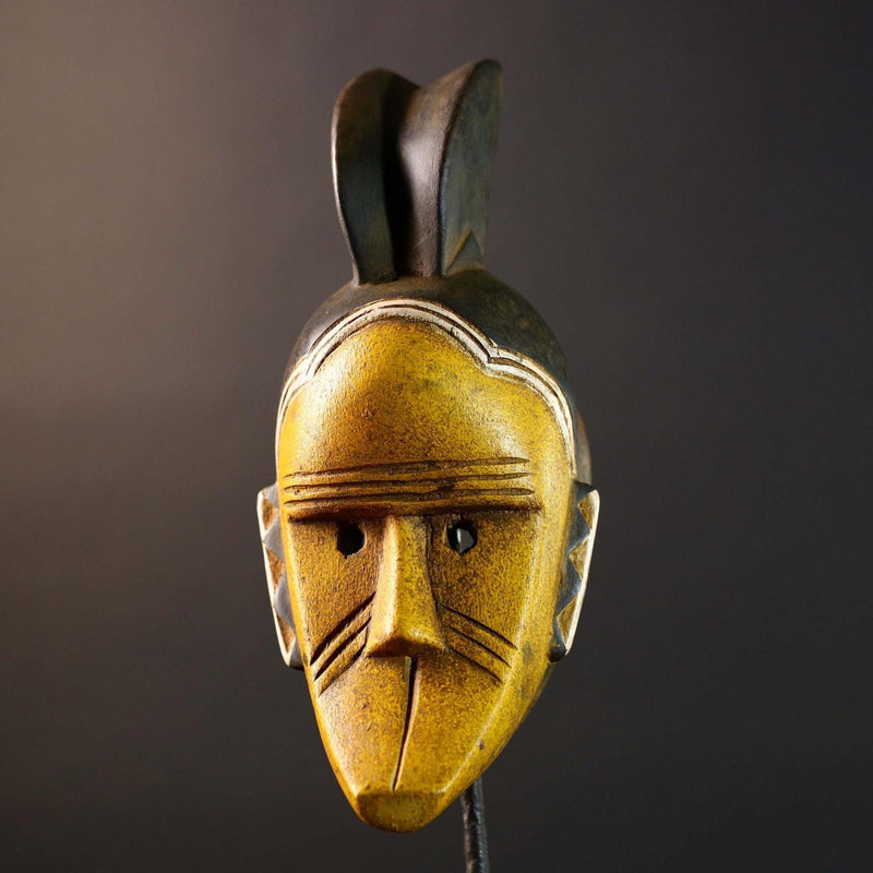 African Guro Mask Wood Carved Tribal Wall Art Yellow Black Painted Hardwood Sculpture from Côte d'Ivoire Vintage Decor Art Piece-G5735