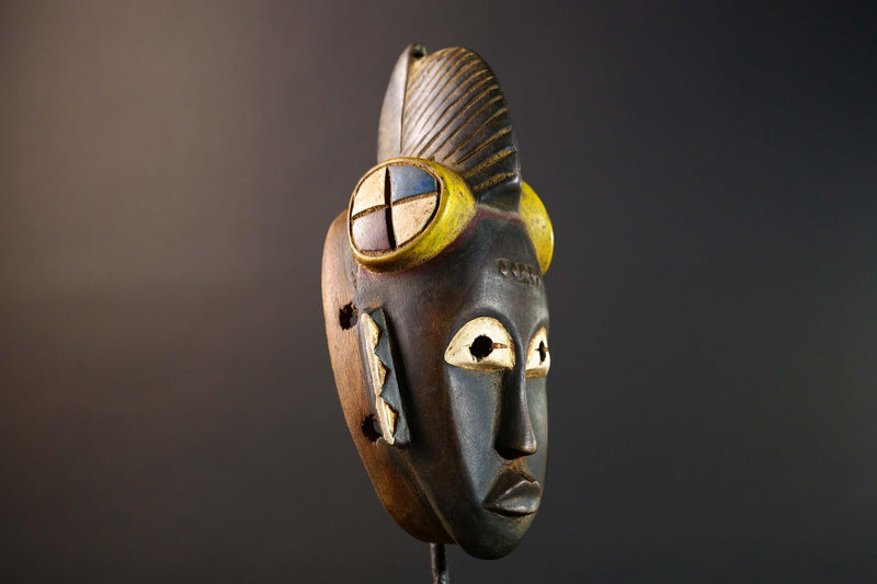 African Guro sun mask wooden wall art vintage tribal home decor accent piece handmade sculpture collectible quality piece unique art-G5736