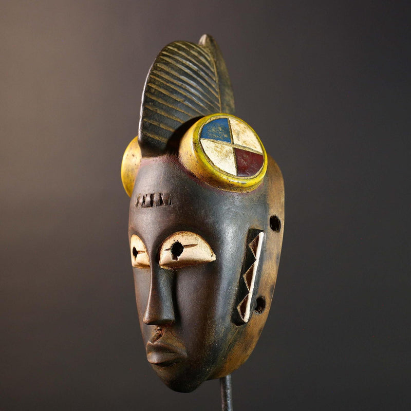 African Guro sun mask wooden wall art vintage tribal home decor accent piece handmade sculpture collectible quality piece unique art-G5736
