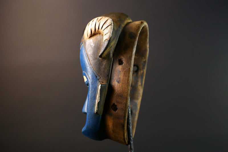 African Guro horn mask vintage blue wood tribal wall art handmade sculpture accent piece collectible décor statement piece unique art-G5737