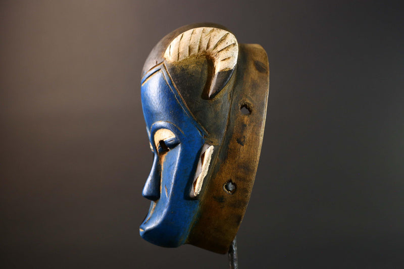 African Guro horn mask vintage blue wood tribal wall art handmade sculpture accent piece collectible décor statement piece unique art-G5737