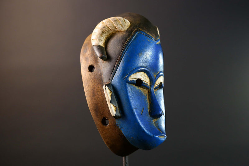 African Guro horn mask vintage blue wood tribal wall art handmade sculpture accent piece collectible décor statement piece unique art-G5737