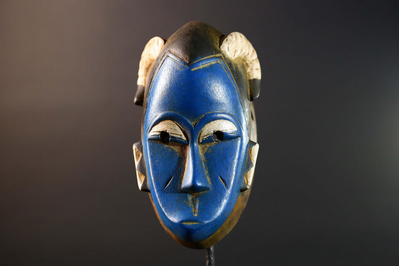 African Guro horn mask vintage blue wood tribal wall art handmade sculpture accent piece collectible décor statement piece unique art-G5737