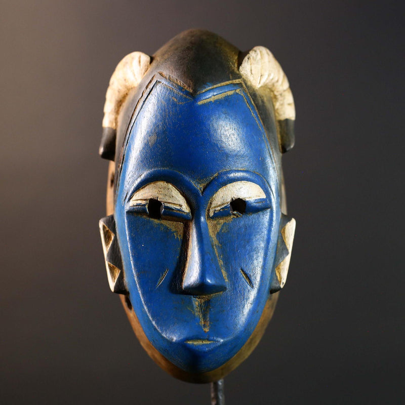 African Guro horn mask vintage blue wood tribal wall art handmade sculpture accent piece collectible décor statement piece unique art-G5737