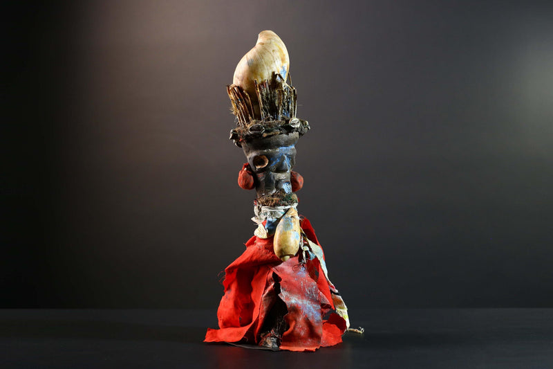 African Bakongo power figure wood fetish vintage sculpture tribal ritual art collectible shell raffia decor spiritual unique accent-G5741