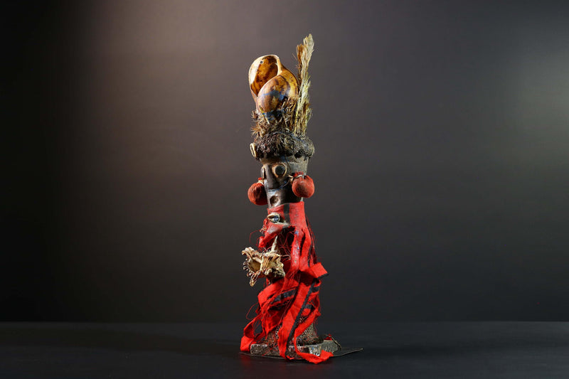 African Songye power figure wood fetish vintage sculpture tribal ritual art collectible shell raffia decorative accent unique piece  -G5742
