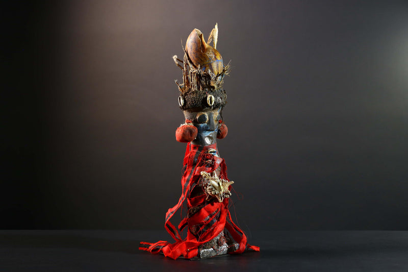 African Songye power figure wood fetish vintage sculpture tribal ritual art collectible shell raffia decorative accent unique piece  -G5742