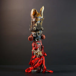 African Songye power figure wood fetish vintage sculpture tribal ritual art collectible shell raffia decorative accent unique piece  -G5742