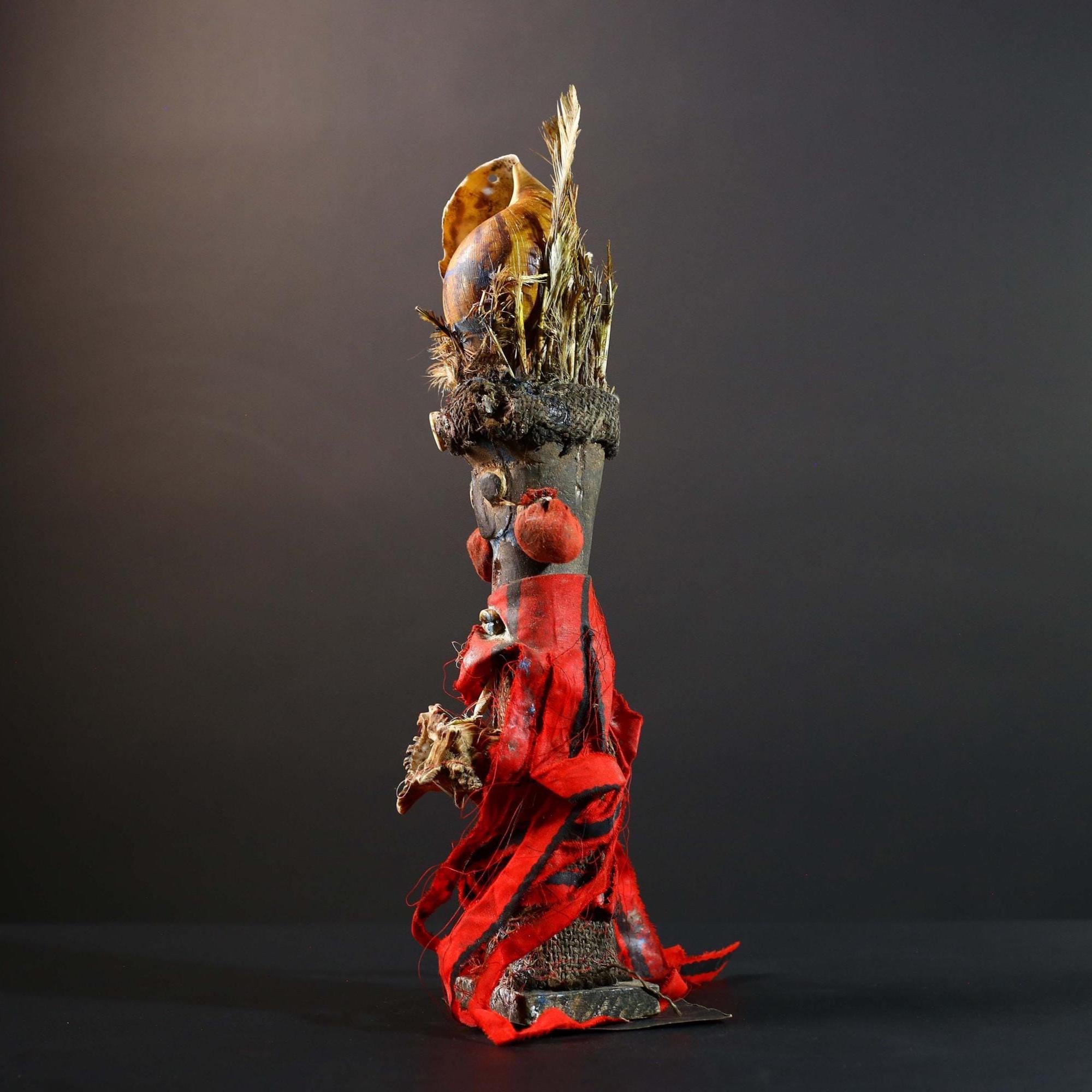 African Songye power figure wood fetish vintage sculpture tribal ritual art collectible shell raffia decorative accent unique piece  -G5742