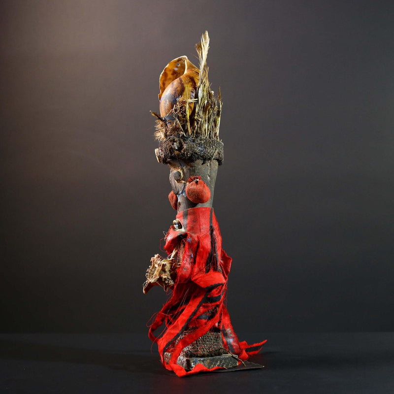 African Songye power figure wood fetish vintage sculpture tribal ritual art collectible shell raffia decorative accent unique piece  -G5742