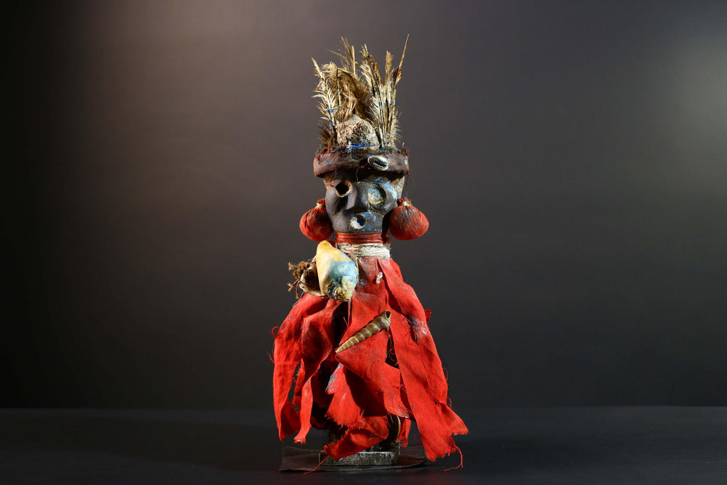 African Authentic Tribal Nkisi Fetish Doll Bakongo Power Figure Hand‑Carved Wood with Cowrie Shells & Raffia Sculpture Rare Antique -G5743