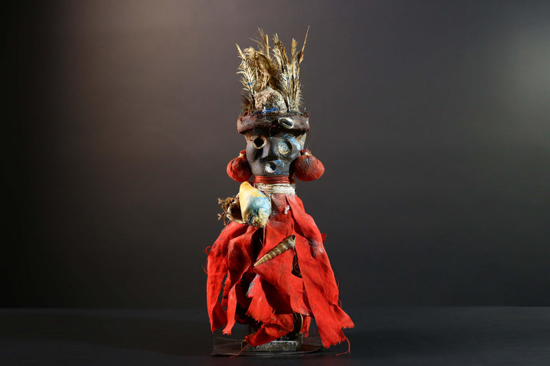 African Authentic Tribal Nkisi Fetish Doll Bakongo Power Figure Hand‑Carved Wood with Cowrie Shells & Raffia Sculpture Rare Antique -G5743