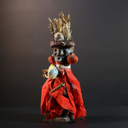 African Authentic Tribal Nkisi Fetish Doll Bakongo Power Figure Hand‑Carved Wood with Cowrie Shells & Raffia Sculpture Rare Antique -G5743