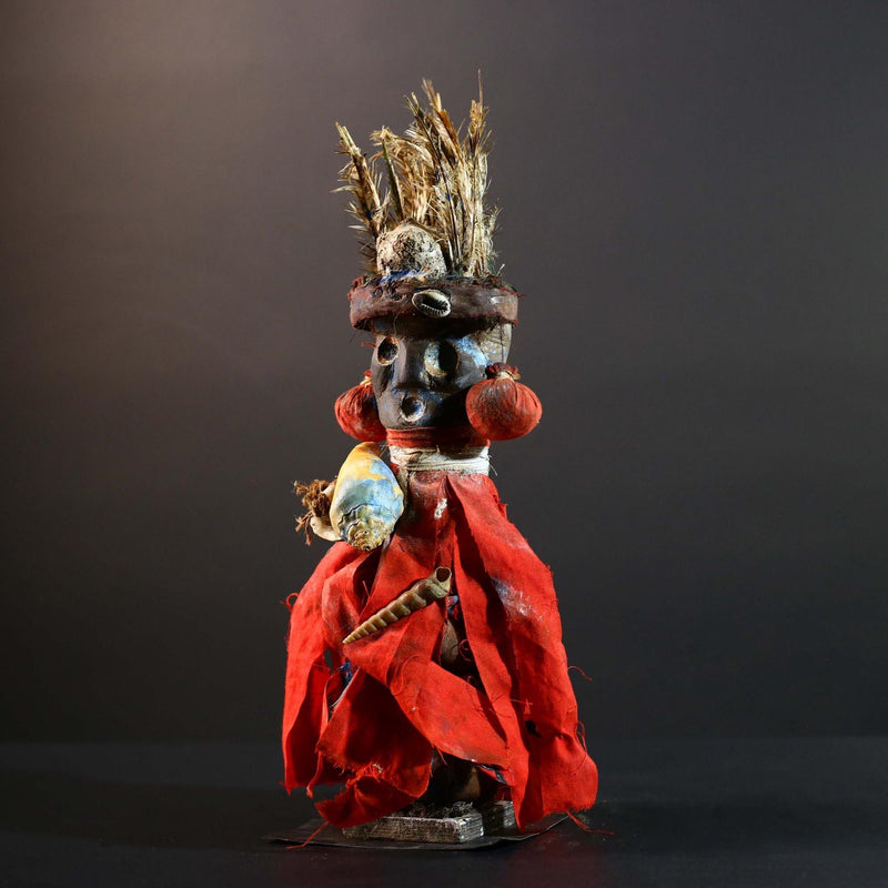African Authentic Tribal Nkisi Fetish Doll Bakongo Power Figure Hand‑Carved Wood with Cowrie Shells & Raffia Sculpture Rare Antique -G5743