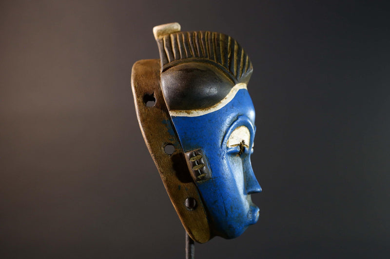 African Guro Mask Handcrafted Blue Face Tribal Wood Sculpture Ethnic Wall Hanging Art Rustic Home Decor Gallery Accent Statement-G5748
