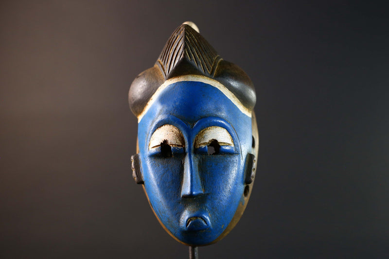 African Guro Mask Handcrafted Blue Face Tribal Wood Sculpture Ethnic Wall Hanging Art Rustic Home Decor Gallery Accent Statement-G5748