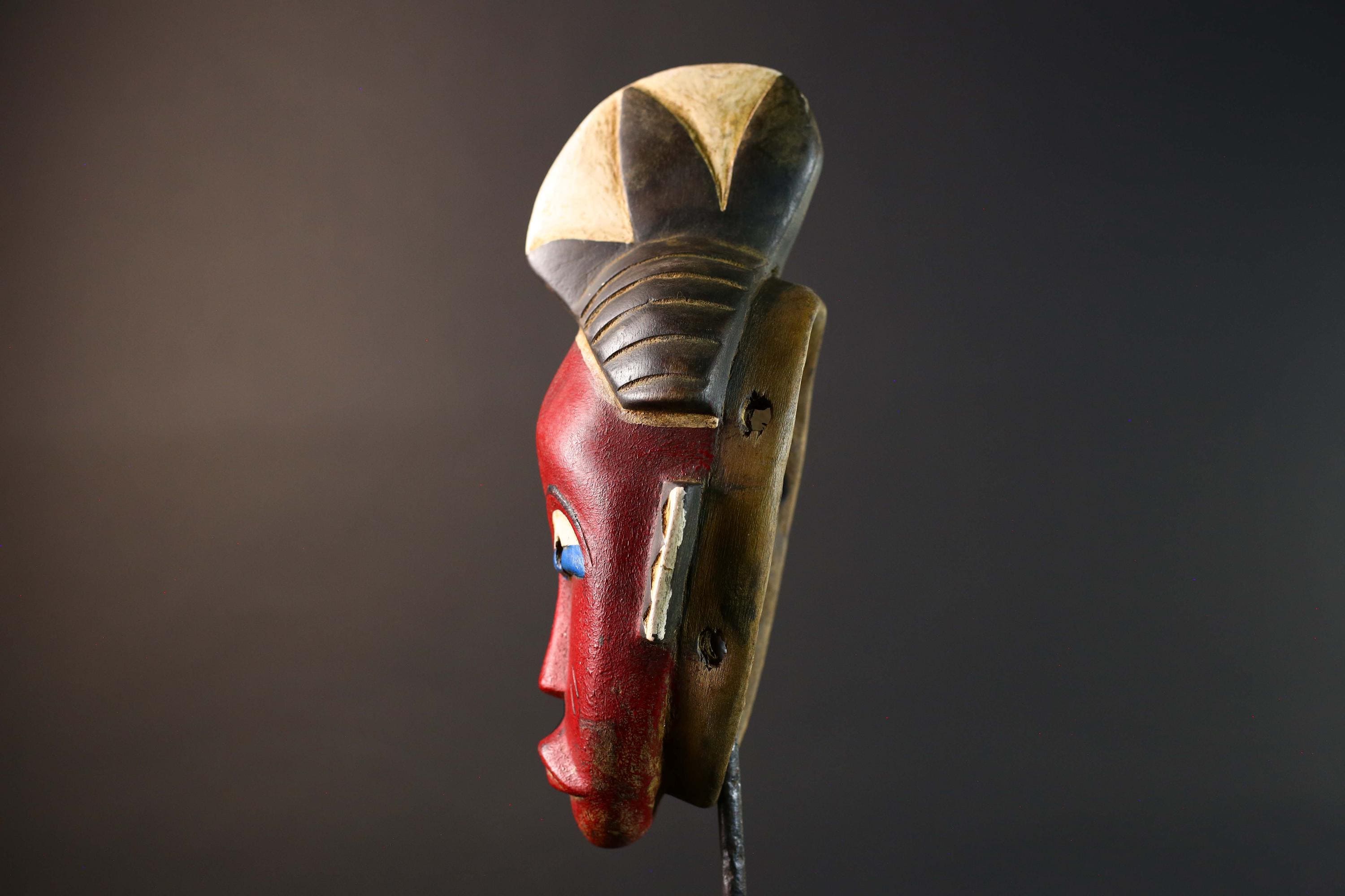 Unique Hand‐Carved African Guro Mask with Horned Crown, Authentic Ivorian Tribal Wood Art, Ethnic Wall Hanging Decor, Gallery Display -G5749